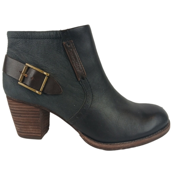 CAT Caterpillar 6.5 Black Brown Annette Ankle Boots Buckled Leather Booties Heel - Picture 10 of 15